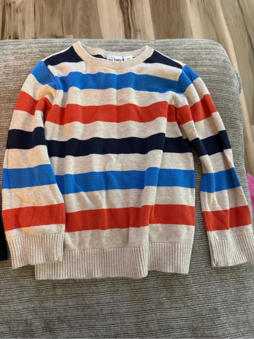 Striped Crewneck Sweater in Blue, Red & Cream by Tea